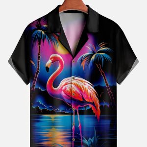 Men's Hawaiian Shirt - Neon Flamingo and Palm Tree Print Polyester Vibrant Summer Shirt