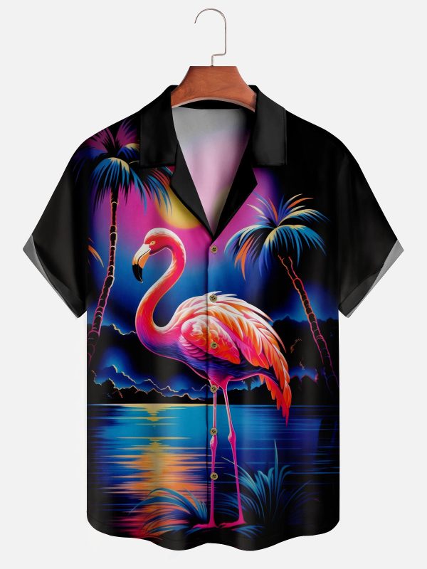 Men's Hawaiian Shirt - Neon Flamingo and Palm Tree Print Polyester Vibrant Summer Shirt