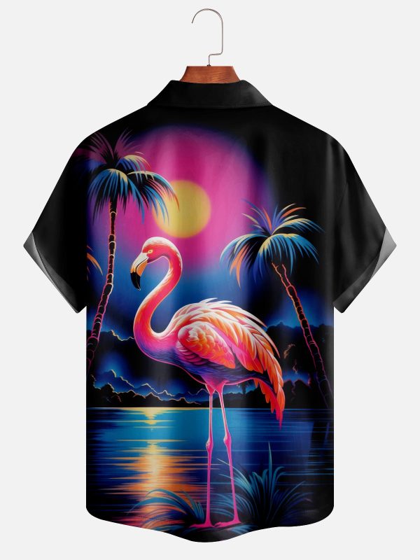 Men's Hawaiian Shirt - Neon Flamingo and Palm Tree Print Polyester Vibrant Summer Shirt - Image 2