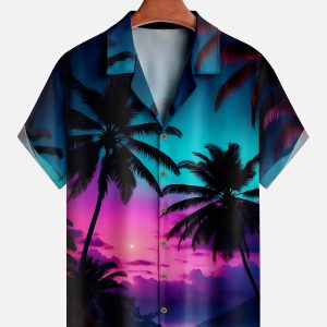Men's Hawaiian Shirt - Neon Sky Palm Tree Print Polyester Casual Summer Shirt