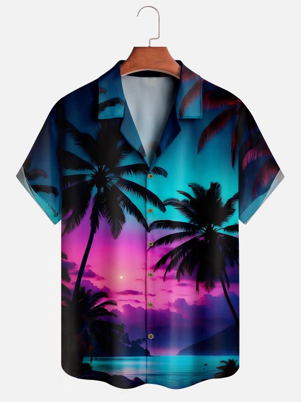 Men's Hawaiian Shirt - Neon Sky Palm Tree Print Polyester Casual Summer Shirt