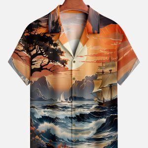 Men's Hawaiian Shirt - Ocean Ship Painting Print Polyester Casual Summer Shirt