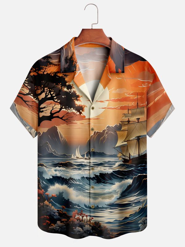 Men's Hawaiian Shirt - Ocean Ship Painting Print Polyester Casual Summer Shirt