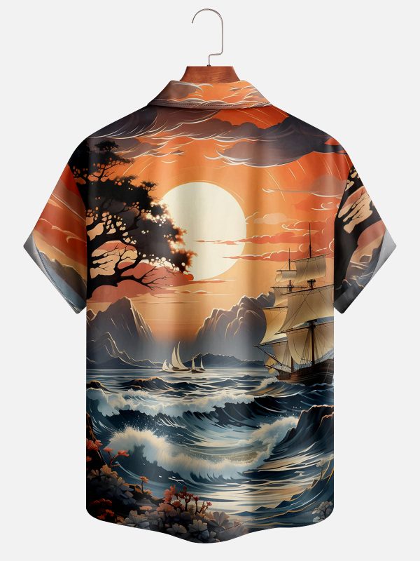 Men's Hawaiian Shirt - Ocean Ship Painting Print Polyester Casual Summer Shirt - Image 2