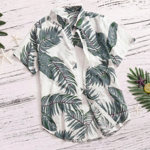 Hawaiian Shirt for Men with Palm Leaf Print - Summer Beach Shirt for Vacation and Casual Wear