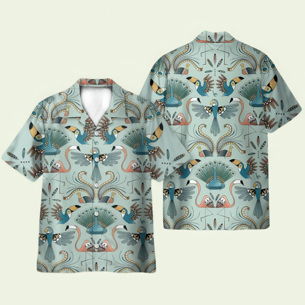 Flamingo Multi-Bird Pattern Hawaiian Shirt for Men - Tropical Floral Design & Summer Beach Style