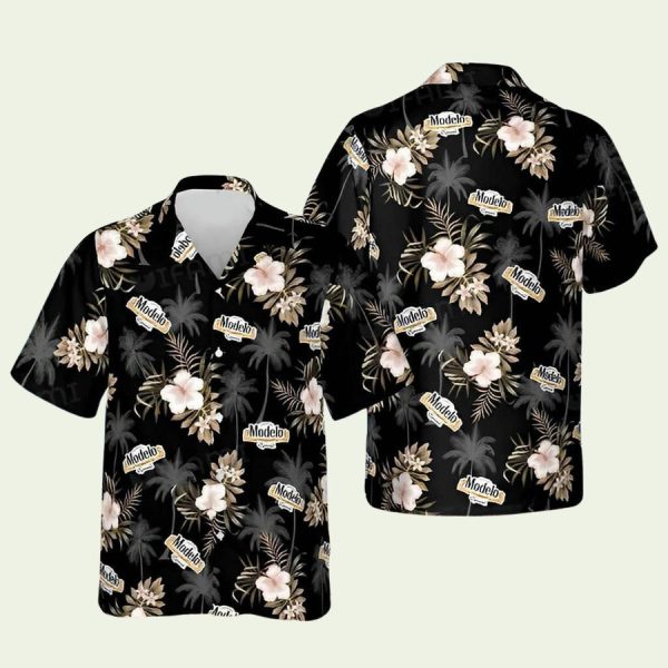 Modelo Tropical Hibiscus Beer Black Hawaiian Shirt