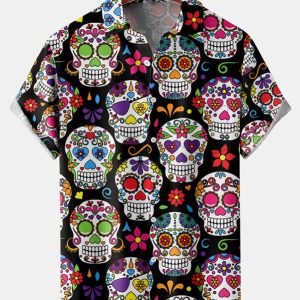 Men's Hawaiian Shirt - Cool Mexican Skull Print Casual Polyester Summer Shirt