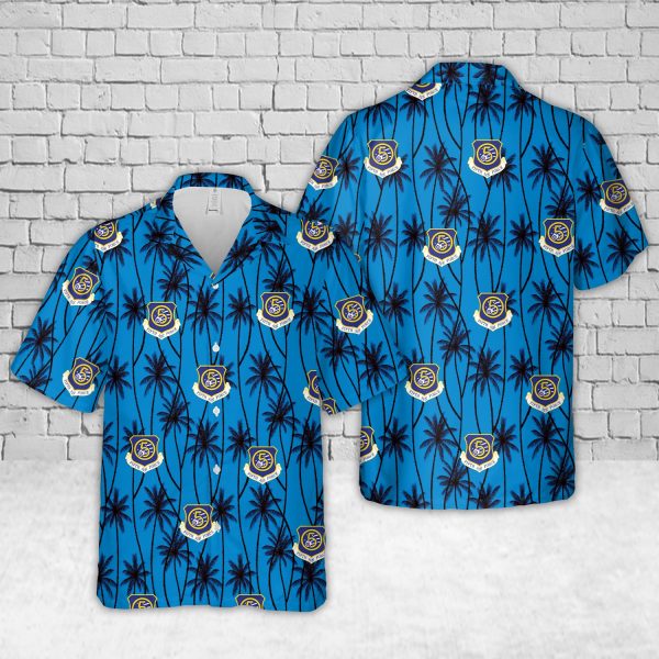 US Air Force PACAF Fifth Air Force Hawaiian Shirt for Men - Military Emblem & Palm Tree Design, Perfect for Veterans