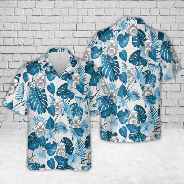 US Air Force Security Forces Shield Hawaiian Shirt for Men - Military Emblem & Tropical Leaf Design, Perfect for Veterans and Air Force Fans