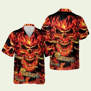 Us Army Boeing Chinook Fire Skull Hawaiian Shirt