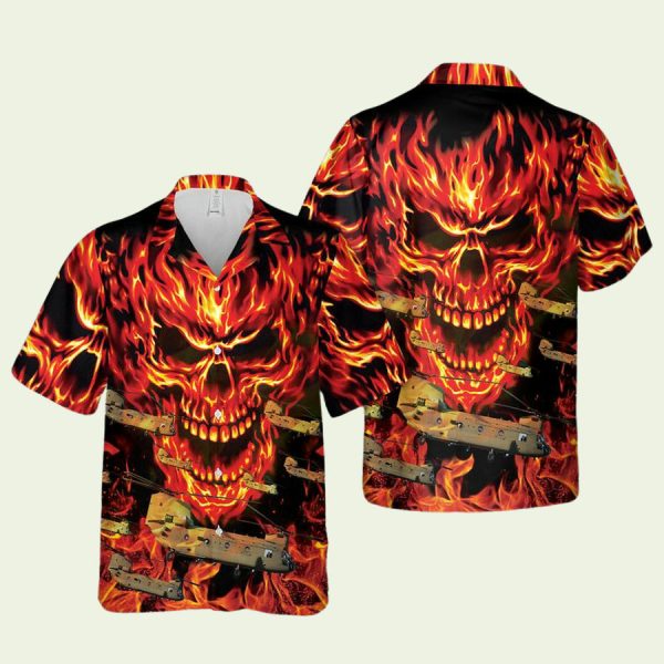 Us Army Boeing Chinook Fire Skull Hawaiian Shirt