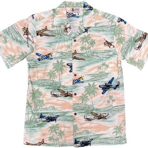 Men's Hawaiian Shirt - Vintage Air Show Sage Print Polyester Casual Summer Shirt