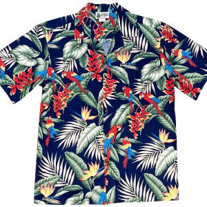 Men's Hawaiian Shirt - Jungle Macaws Navy Print Polyester Casual Summer Shirt