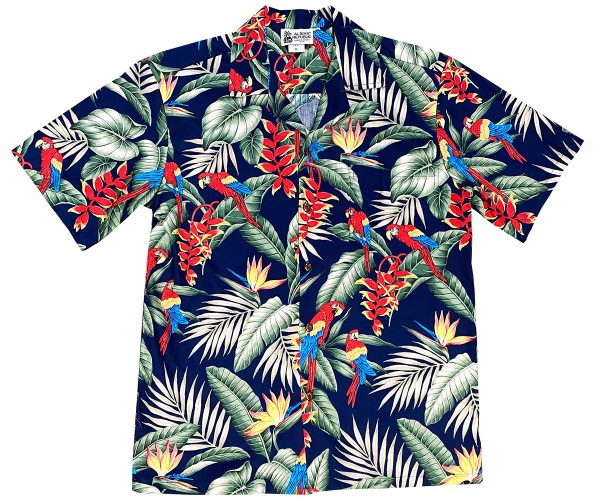 Men's Hawaiian Shirt - Jungle Macaws Navy Print Polyester Casual Summer Shirt