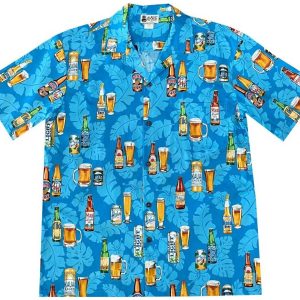 Men's Hawaiian Shirt - Island Beers Blue Print Polyester Casual Summer Shirt