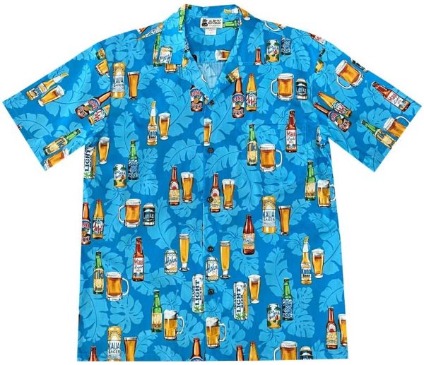 Men's Hawaiian Shirt - Island Beers Blue Print Polyester Casual Summer Shirt