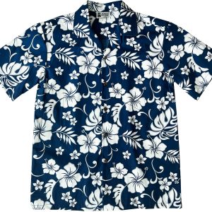 Men's Hawaiian Shirt - Hibiscus Party Navy Print Polyester Casual Summer Shirt