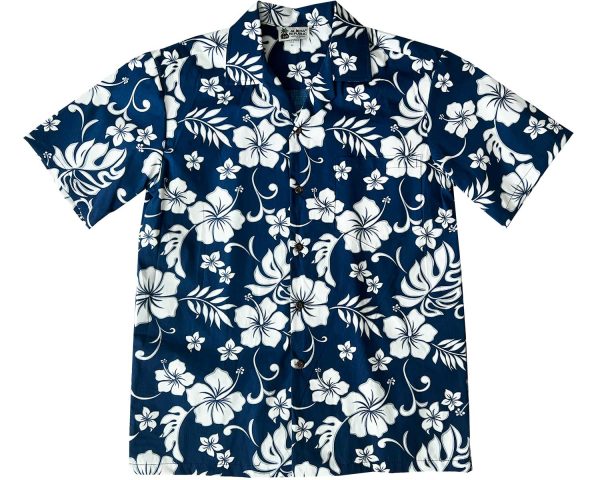 Men's Hawaiian Shirt - Hibiscus Party Navy Print Polyester Casual Summer Shirt
