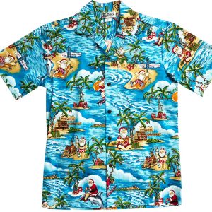Men's Hawaiian Shirt - Santa Goes to Hawaii Blue Aloha Print Polyester Casual Summer Shirt