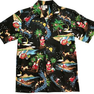 Men's Hawaiian Shirt - Santa's Hawaiian Delivery Black Aloha Print Polyester Casual Summer Shirt