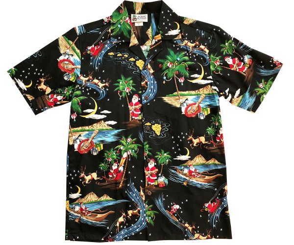 Men's Hawaiian Shirt - Santa's Hawaiian Delivery Black Aloha Print Polyester Casual Summer Shirt