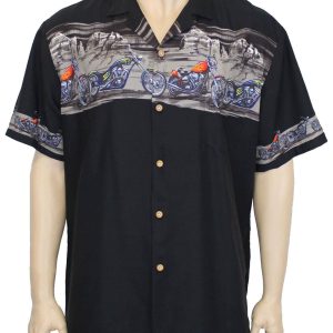 Men's Hawaiian Shirt - Polyester Black Choppers Motorcycle Aloha Print Shirt