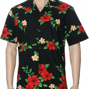 Men's Hawaiian Shirt - Polyester Black Red Hibiscus Aloha Print Shirt