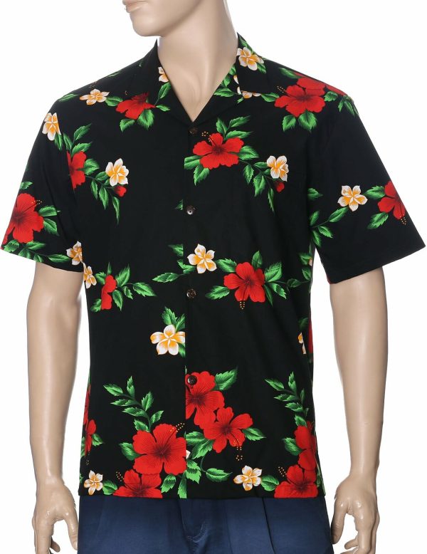 Men's Hawaiian Shirt - Polyester Black Red Hibiscus Aloha Print Shirt