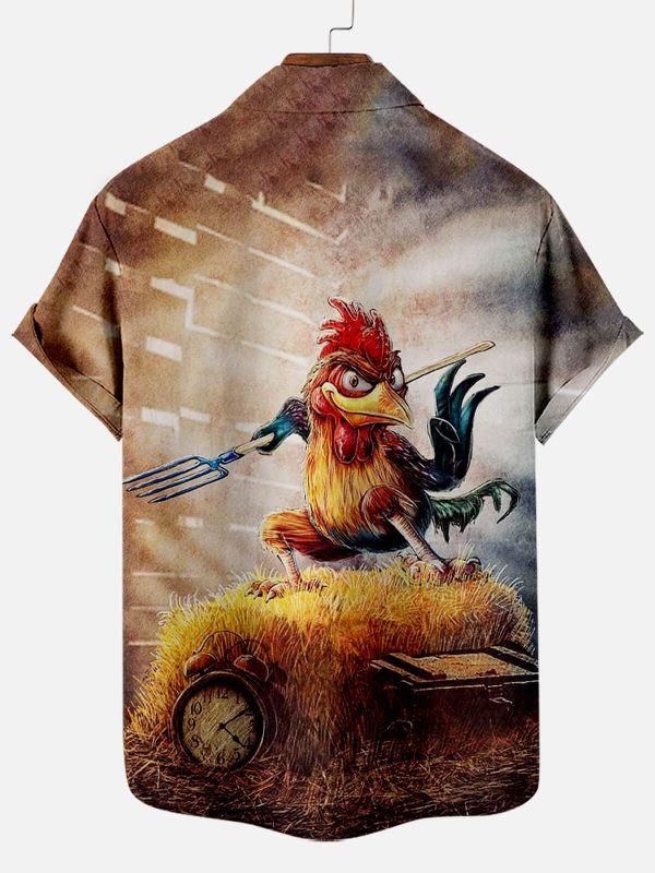 Men's Hawaiian Shirt - Funny Fighting Chicken Cartoon Print Summer Casual Shirt - Image 2