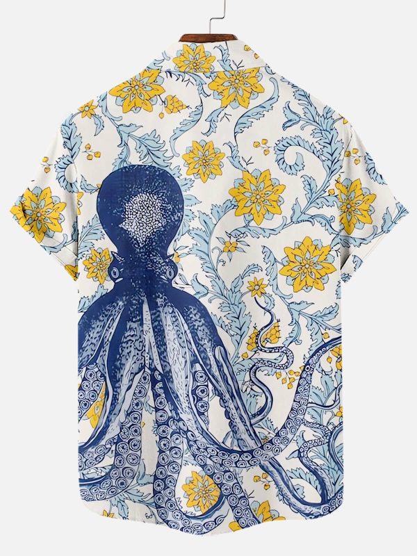 Men's Hawaiian Shirt - Octopus and Floral Print Ocean-Inspired Polyester Casual Summer Shirt - Image 2