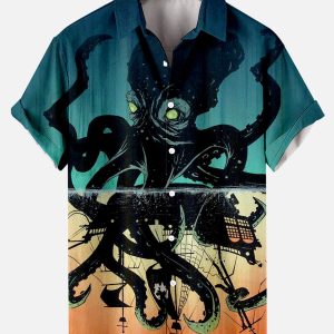Men's Hawaiian Shirt - Nautical Octopus Ocean Print Polyester Summer Casual Shirt