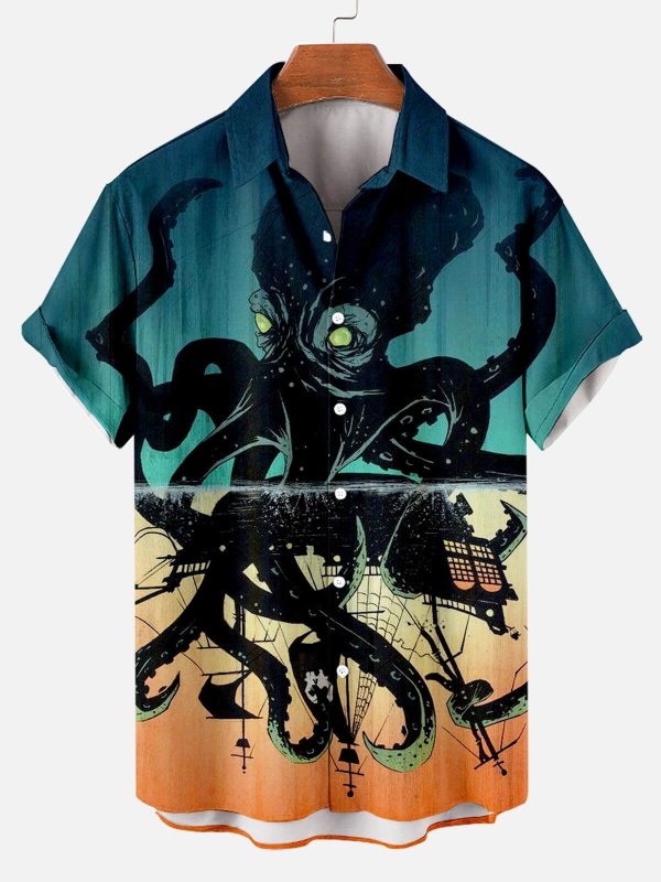 Men's Hawaiian Shirt - Nautical Octopus Ocean Print Polyester Summer Casual Shirt