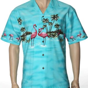 Men's Hawaiian Shirt - Polyester Flamingo Border Aloha Print Shirt
