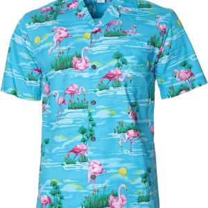 Men's Hawaiian Shirt - Flamingos Paradise Polyester Aloha Print Casual Shirt
