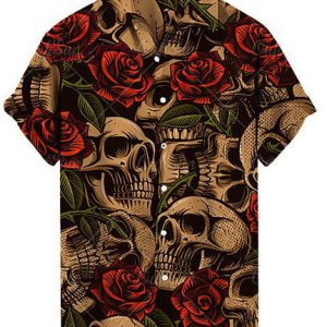 Men's Hawaiian Shirt - Skull and Rose Print Gothic Rock Summer Casual Shirt