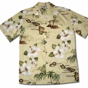 Men's Hawaiian Shirt - Hawaiian Islands Khaki Print Polyester Casual Summer Shirt