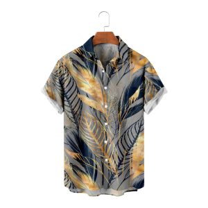 Men's Hawaiian Shirt - Golden Leaf Print Polyester Tropical Summer Shirt