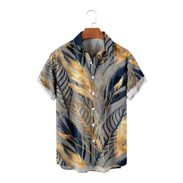 Men's Hawaiian Shirt - Golden Leaf Print Polyester Tropical Summer Shirt