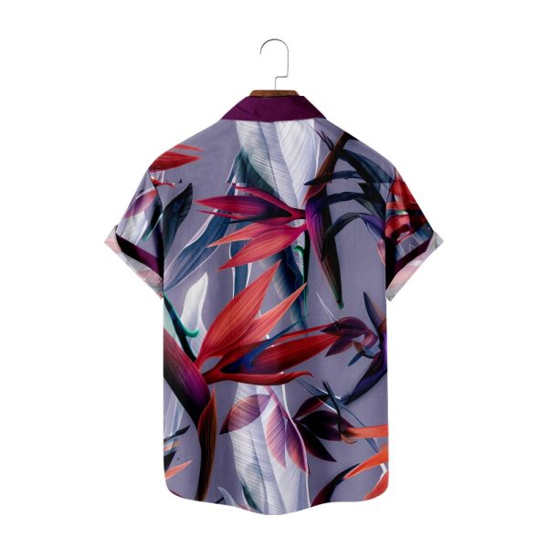 Men's Hawaiian Shirt - Birds of Paradise Flower Print Purple Polyester Summer Shirt - Image 2