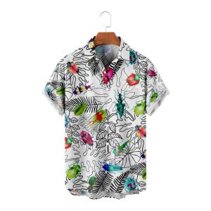 Men's Hawaiian Shirt - Colorful Insects and Floral Print Polyester Casual Summer Shirt