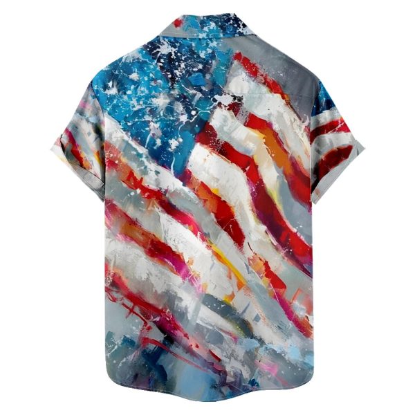 Men's Hawaiian Shirt - Oil Painting American Flag Print with Chest Pocket Polyester Summer Shirt - Image 2
