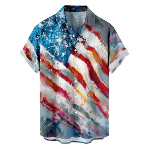 Men's Hawaiian Shirt - Oil Painting American Flag Print with Chest Pocket Polyester Summer Shirt