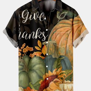 Men's Hawaiian Shirt - Festive Thanksgiving Message Print Polyester Holiday Casual Shirt