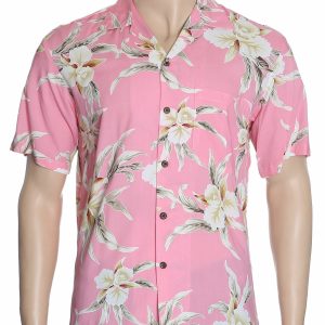 Men's Hawaiian Shirt - Kaeo Orchids Coral Polyester Aloha Print Casual Shirt