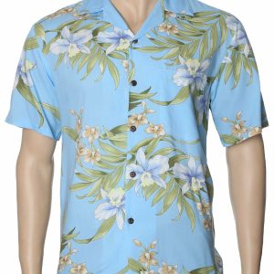 Men's Hawaiian Shirt - Polyester Light Sky-Blue Pali Orchid Aloha Print Shirt