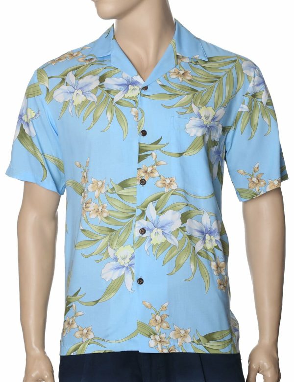 Men's Hawaiian Shirt - Polyester Light Sky-Blue Pali Orchid Aloha Print Shirt