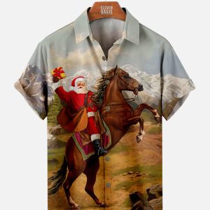 Men's Hawaiian Shirt - Funny Santa Cowboy Print Christmas Holiday Party Shirt