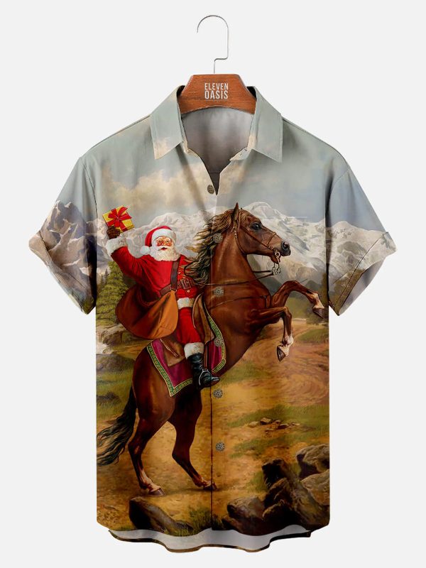 Men's Hawaiian Shirt - Funny Santa Cowboy Print Christmas Holiday Party Shirt