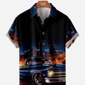 Men's Hawaiian Shirt - Retro Night Drive Classic Car Skyline Print Polyester Summer Shirt